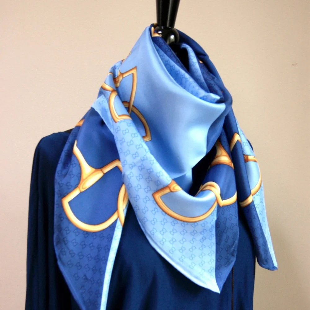 New Gucci Double Blue Silk Scarf
